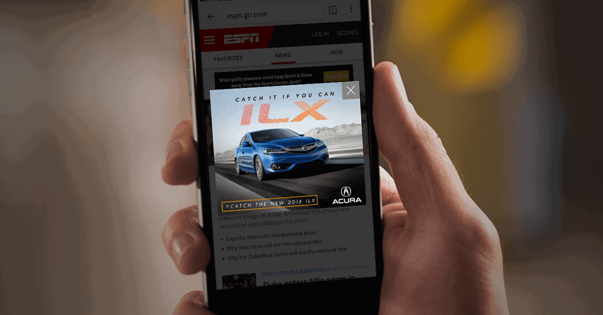 Acura pop-up ad on mobile